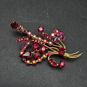 Pink Red Aurora Borealis Rhinestone Brooch Vintage Glam Costume Jewelry
